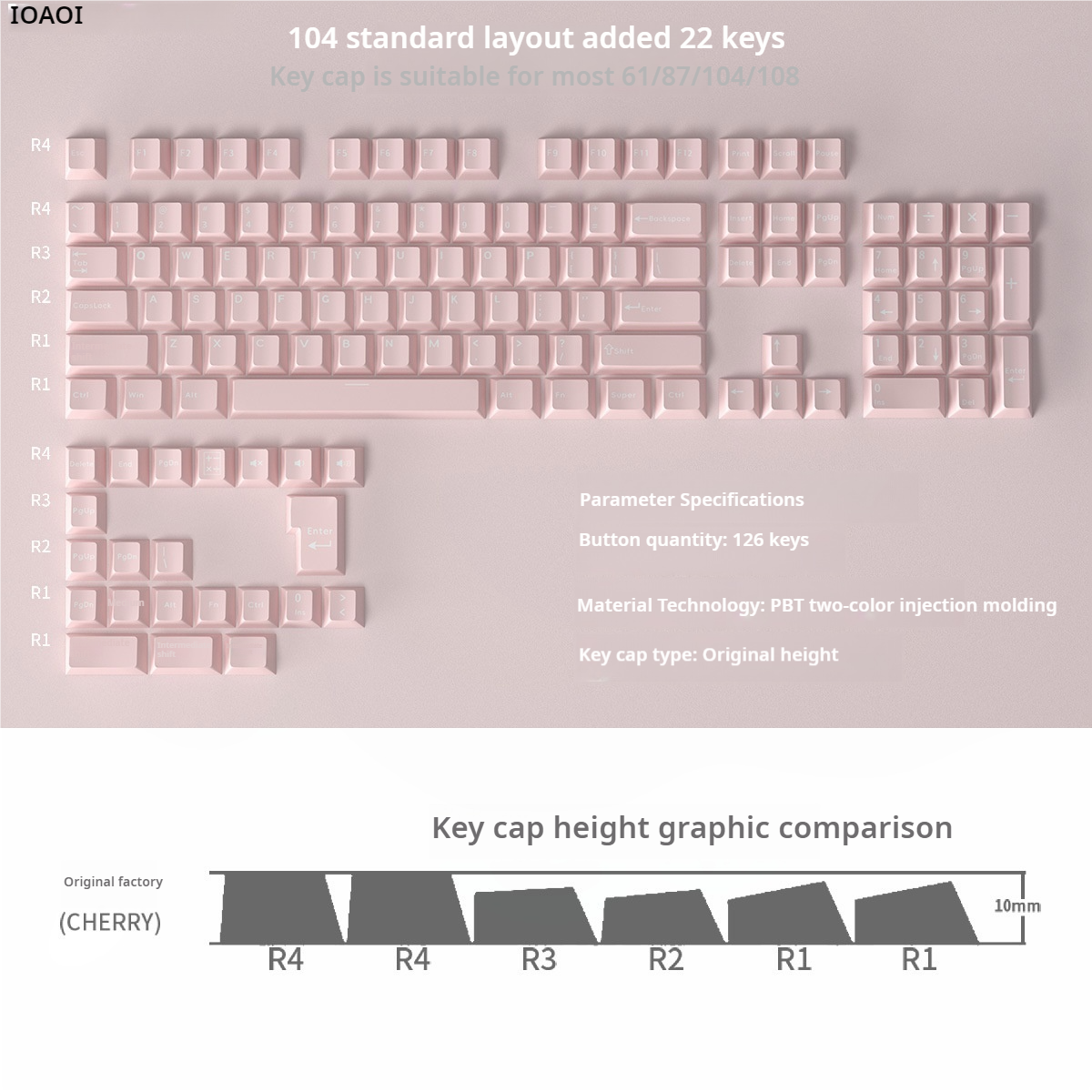 IOAOI  PINK 126-Keys Cherry Profile PBT Keycap Sets